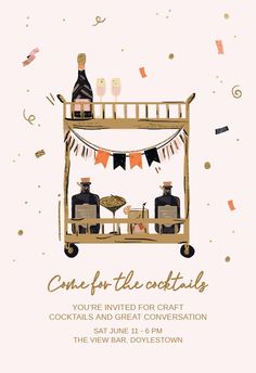 a baby shower party with champagne bottles and buntings on a cart for the guests to sit in