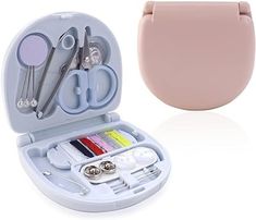 Material: The mini sewing kit storage case is made of good quality plastic material with good sturdiness, durable to use, won't break easily, and sewing needles are sharp, and colored cotton threads are strong. All-in-One Sewing Box: Each pack comes with 2 pieces of sewing kits, with light pink and light blue colors. Each case includes 3 straight pins, 3 hand needles, 1small scissor, 1 needle threaded, 1 safety pin, 2 pearlized buttons, 2 snaps, 1 tweezers, and 1 six-color thread board. Portable Size: The sewing kit folding storage case measure about 2.55" x 2.75" x 0.66"/ 6.5 x 7 x 1.7 cm, every sewing tools you need are packed in it, mini size for easy storage, suitable to be stored in pockets, suitcase, backpacks etc. Convenient Multifunctional Sewing Kit: When there are rips, tears, mi Sewing Kit Diy, Sewing Kit Storage, Mini Emergency Kit, Sewing Kits Diy, Sewing Kit Box, Wedding Emergency Kit, Mini Sewing Kit, Travel Sewing Kit, Scissors Hand