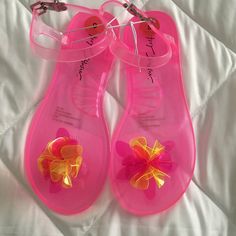 Pink Betsy Johnson Jelly Sandals (Never Worn) Run Small Jelly Flip Flops, Vintage Betsey Johnson, Glitter Sandals, Bridal Sandals, Betsey Johnson Shoes, Slingback Flats, Silver Sandals, Embellished Sandals, Peep Toe Sandals