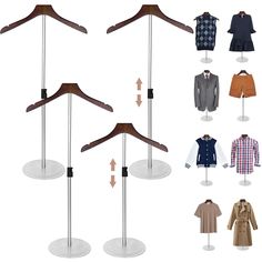 three different types of clothes hangers and two coats on stands, all in various colors