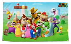 the super mario bros characters are posing for a group photo in front of a backdrop