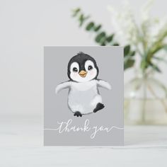 a card with a penguin on it that says thank you