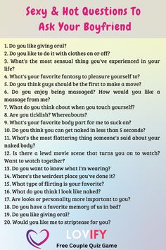 Ignite the passion with these sexy and hot questions to ask your boyfriend! Whether you’re looking to spice things up or just have some fun, these questions will bring you closer and keep the sparks flying. Swipe for a night of sizzling fun! 😘❤️ #SexyQuestions #HotConversations #DateNightIdeas #IntimacyAndPassion #CoupleGoals Spicy Questions To Ask Your Boyfriend, Couple Questions Game, Couple Quiz, Couples Quizzes, Deep Questions To Ask, Questions To Ask Your Boyfriend, Fun Questions To Ask, Boyfriend Games