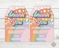 two thank you tags with flowers and rainbows on them