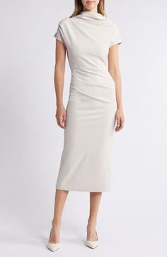 Whether you're off to the office or your next cocktail party, this stretch-enhanced sheath dress has you covered. Back zip closure Boat neck Short sleeves Unlined 90% polyester, 10% spandex Dry clean Made in the USA Contemporary Chic, Midi Sheath Dress, Dress The Population, Midi Dress With Sleeves, Nordstrom Dresses, Dolman Sleeve, Boat Neck, Cocktail Party, Sheath Dress