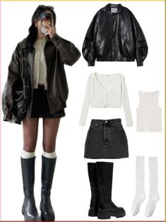 outfit inspo leather jacket boots cardigan denim sk Brown Leather Jacket Skirt Outfit, Cute Winter Outfits Boots, Outfit Inspo With Leather Jacket, Back Boots Outfit, New York Leather Jacket Outfit, Denim Skirt And Leather Jacket, Denim Skirt With Leather Jacket, Layered Leather Jacket Outfit, One Jacket Many Outfits