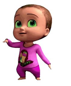 an animated baby doll with green eyes and pink pajamas, pointing at something in the air