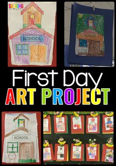 the first day art project with pictures of houses and school buildings on it, including an image