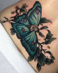 a blue butterfly on the back of a woman's stomach with leaves around it