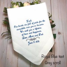 Wedding Gift for Son from Parents Mother and Father to Son handkerchief  "Our hearts are full of pride for the incredible man you've become.  We wish you a lifetime  of love and happiness." **FREE STANDARD SHIPPING ON ORDERS OF 2 OR MORE HANDKERCHIEFS Click on my SHOP NAME to see more, or visit my entire shop at: https://www.etsy.com/shop/MrandMrsEmbroidery All of my handkerchiefs are EMBROIDERED (no ink printing, stamping, or sublimation here!) For the personalization, please be sure to include Wedding Gift For Son, Wedding Gift For Groom, For Son From Mom, Wedding Hankerchief, Gift For Groom, Ladies Handkerchiefs, Handkerchief Men, Wedding Gifts For Groom, Crochet Lace Edging