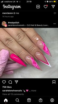 Pink Nail Designs Stiletto, Pretty Nails For Birthday, Acrylic Nail Designs Stiletto Pointy, Stiletto Nail Inspo Summer, Pink Stilleto Nail Designs, Wild Nails Designs, Stelltos Nails, Dope Nail Designs Almond, Pointy Nail Designs Stilettos