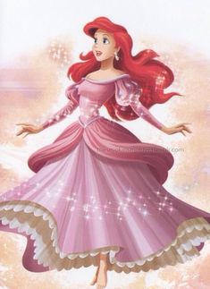 ariel from the little mermaid is flying through the air with her long red hair and pink dress