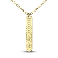 A lustrous woven textured, engravable bar pendant hangs elegantly around this stylish women's necklace. Fashioned in yellow gold-plated sterling silver, the 18-inch rope chain secures in place with a spring ring clasp. Personalize with up to 8 characters. Yellow Gold Engraved Rectangular Pendant Necklace, Gold Nameplate Necklace With Engraving Option, Gold Engraved Nameplate Bar Necklace, Elegant Gold Name Necklace With Engraving Option, Gold Engraved Rectangular Pendant Name Necklace, Classic Gold Bar Necklace Engraved, Classic Gold Engraved Bar Necklace, Gold Necklaces With Engraving Option, Rectangular Pendant, Gold Necklaces With Rectangular Pendant