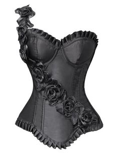 Black One Shoulder Lace-Up Satin Corset with Flowers Shoulder Bones, Burlesque Corset, Cincher Corset, Floral Bustier, Waist Cincher Corset, Steampunk Corset, Floral Corset, Lace Tights