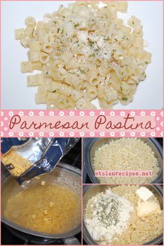 four pictures showing different types of pasta and sauces in pans, including parmesan