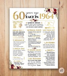 an elegant 60th birthday poster with gold foil and flowers on the front, reads years ago each