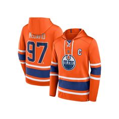 Draw the attention of fellow fans everywhere you go as you celebrate your favorite Edmonton Oilers player in this Connor McDavid Name & Number hoodie from Fanatics Branded. It features a unique lace-up design to mirror the jerseys the Edmonton Oilers wear on the ice. Paired with undeniable graphics, your game day attire will experience a huge upgrade when you add this extra layer.Draw the attention of fellow fans everywhere you go as you celebrate your favorite Edmonton Oilers player in this Con Connor Mcdavid, Edmonton Oilers, Jet Setter, Quilted Coverlet, Luxe Gifts, Night Looks, Barnes And Noble, The Ice, Lightweight Hoodie