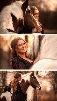 a woman standing next to a brown and white horse with long hair on it's head