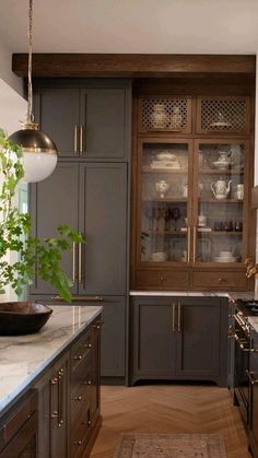 a kitchen with gray cabinets and wooden floors