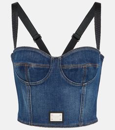 Denim bustier in blue - Dolce Gabbana | Mytheresa Summer Cotton Corset With Built-in Bra, Fitted Underbust Crop Top For Summer, Cropped Stretch Summer Corset, Stretch Cropped Summer Corset, Summer Cropped Stretch Corset, Cropped Top With Built-in Bra And Fitted Bodice, Fitted Cropped Crop Top With Built-in Bra, Chic Underbust Top With Adjustable Straps, Stretch Underbust Corset Bra-friendly