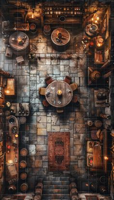 an overhead view of a kitchen with lots of pots and pans on the wall