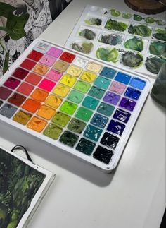 an assortment of paints and watercolors sitting on a table next to some plants