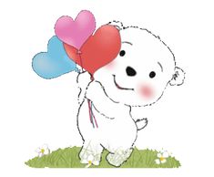 a white bear holding two heart shaped balloons