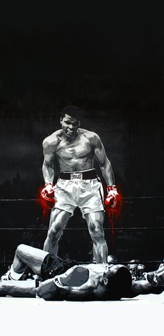 a painting of a man with boxing gloves standing over another man laying on the ground