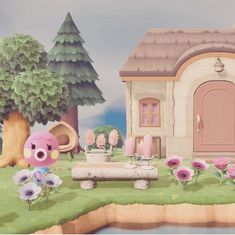 an animal crossing game with a house and flowers in the foreground, and a pink pig sitting on a bench