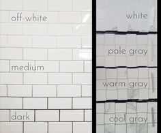 white subway tiles with different words written on them in black and white, off - white or medium gray