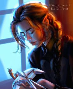 a painting of a woman looking at her cell phone while sitting in front of a window