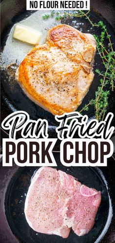 pork chops are being cooked in a skillet