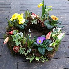 a wreath made out of plants and flowers on a wooden deck with pineconi