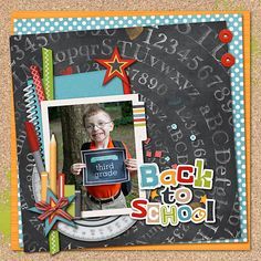 the back to school scrapbook is open and has a child holding up a book