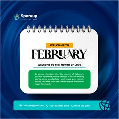 a spiral notebook with the words, welcome to february on it and an image of a globe