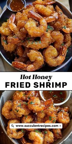 two pictures of fried shrimp with dipping sauce