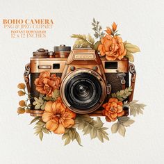 an old camera with flowers and leaves around it