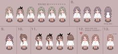 an anime character's life in pixel art, with different poses and hair styles