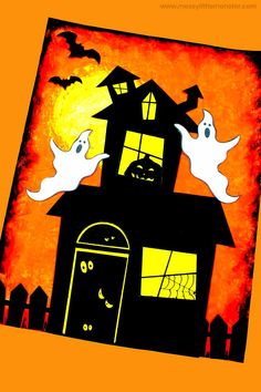 an orange and black halloween card with two ghostes on the top of a house