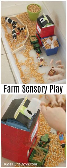 two pictures with the words farm sensory play in front of them and an image of a