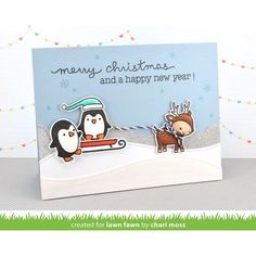 a christmas card with two penguins and a penguin on a sleigh in the snow