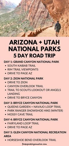 the arizona and utah national parks 5 day hiking itinerary is shown in pink