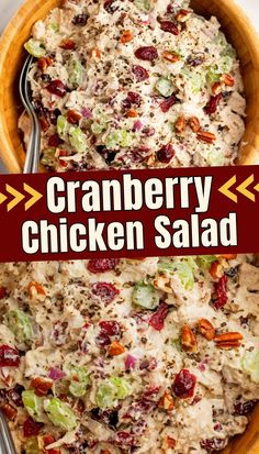 cranberry chicken salad in a wooden bowl with text overlay that reads, cranberry chicken salad