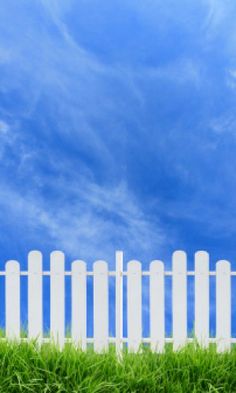 a white picket fence sitting in the middle of a lush green field with blue sky