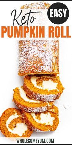 pumpkin roll with powdered sugar on top and text overlay that reads keto pumpkin roll