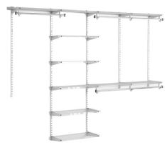 three white shelvings with four shelves on each side and one shelf above the other