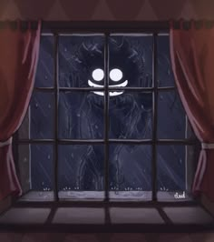 an animated image of a window with two eyes and one eye looking out at the rain