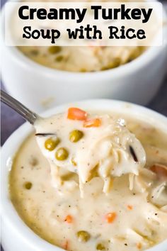 two white bowls filled with chicken pot pie soup