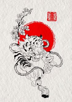 a drawing of a tiger with flowers on it's back and the sun in the background