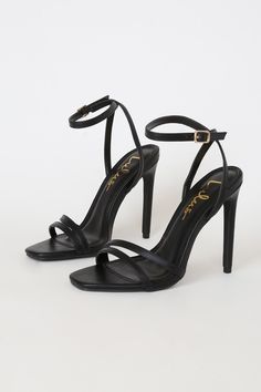 All your admirers will be envious of the Lulus Lianya Black Ankle Strap Heels! Sleek vegan leather covers these statement heels with a single sole silhouette, square toe, strappy upper, and long straps that wrap and secure around your ankle via a shiny gold buckle. 4. 5" wrapped stiletto heel. Cushioned insole. Rubber sole has nonskid markings. All vegan friendly, man made materials. Imported. Lulus | Lianya Black Ankle Strap Heels | Size 11 | Vegan Friendly. Black Heels Amazon, Black Party Heels, Tall Black Heels, Black Heels For Graduation, Black Classy Heels, Black Heels Graduation, Black Prom Heels, Small Black Heels, Black Formal Heels